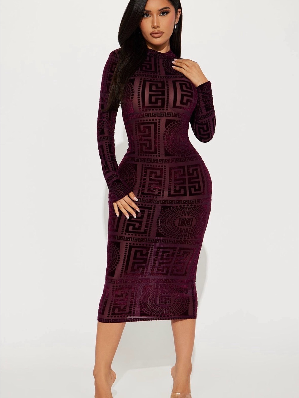 Fashion Nova Long Sleeve Bodycon Midi Dress in Plum